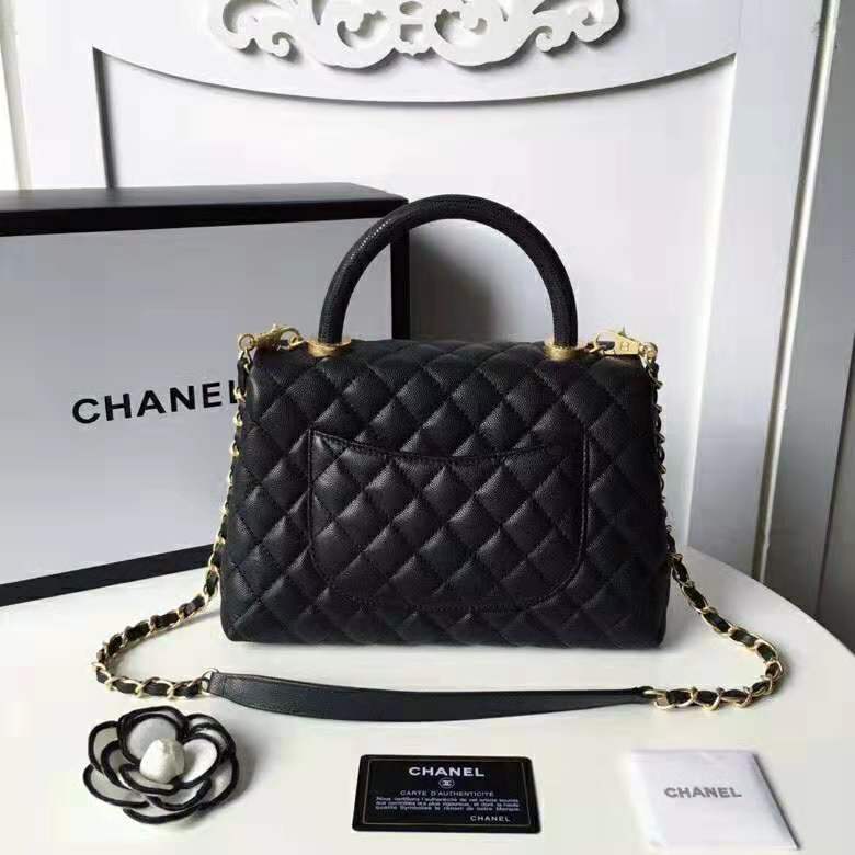 Chanel Women Flap Bag with Top Handle in Grained Calfskin Leather-Black