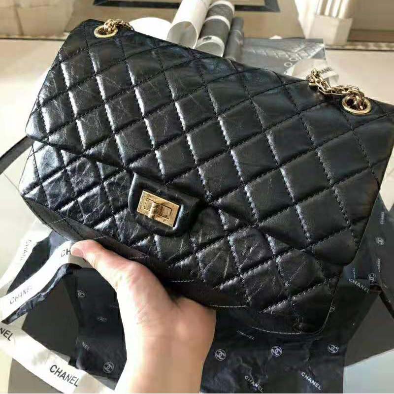 Chanel Women Large 2.55 Handbag in Aged Calfskin Leather-Black