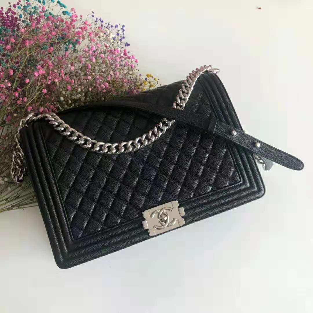 Chanel Women Large Boy Chanel Handbag in Calfskin Leather-Black