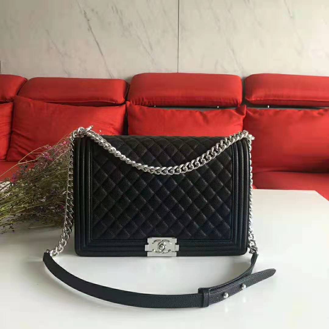 Chanel Women Large Boy Chanel Handbag in Calfskin Leather-Black