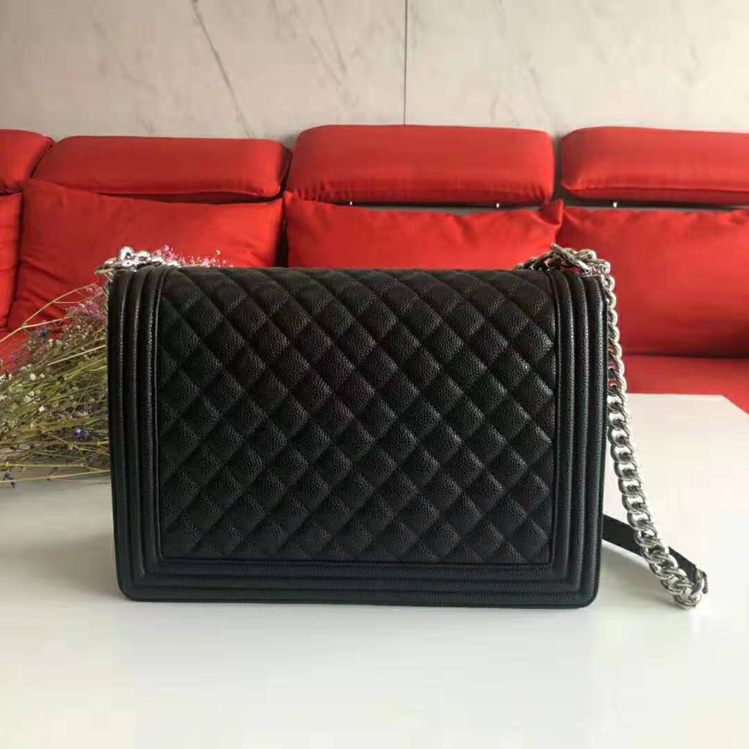Chanel Women Large Boy Chanel Handbag in Calfskin Leather-Black