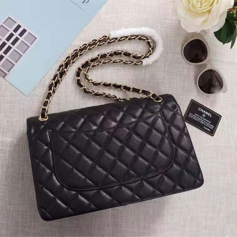 Chanel Women Large Classic Handbag in Grained Calfskin Leather-Black
