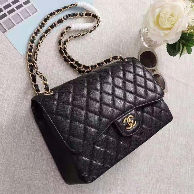 Chanel Women Large Classic Handbag in Grained Calfskin Leather-Black