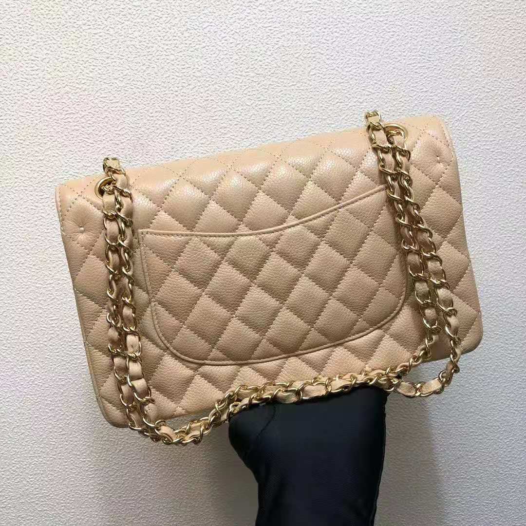 Chanel Women Large Classic Handbag in Grained Calfskin Leather-Sandy
