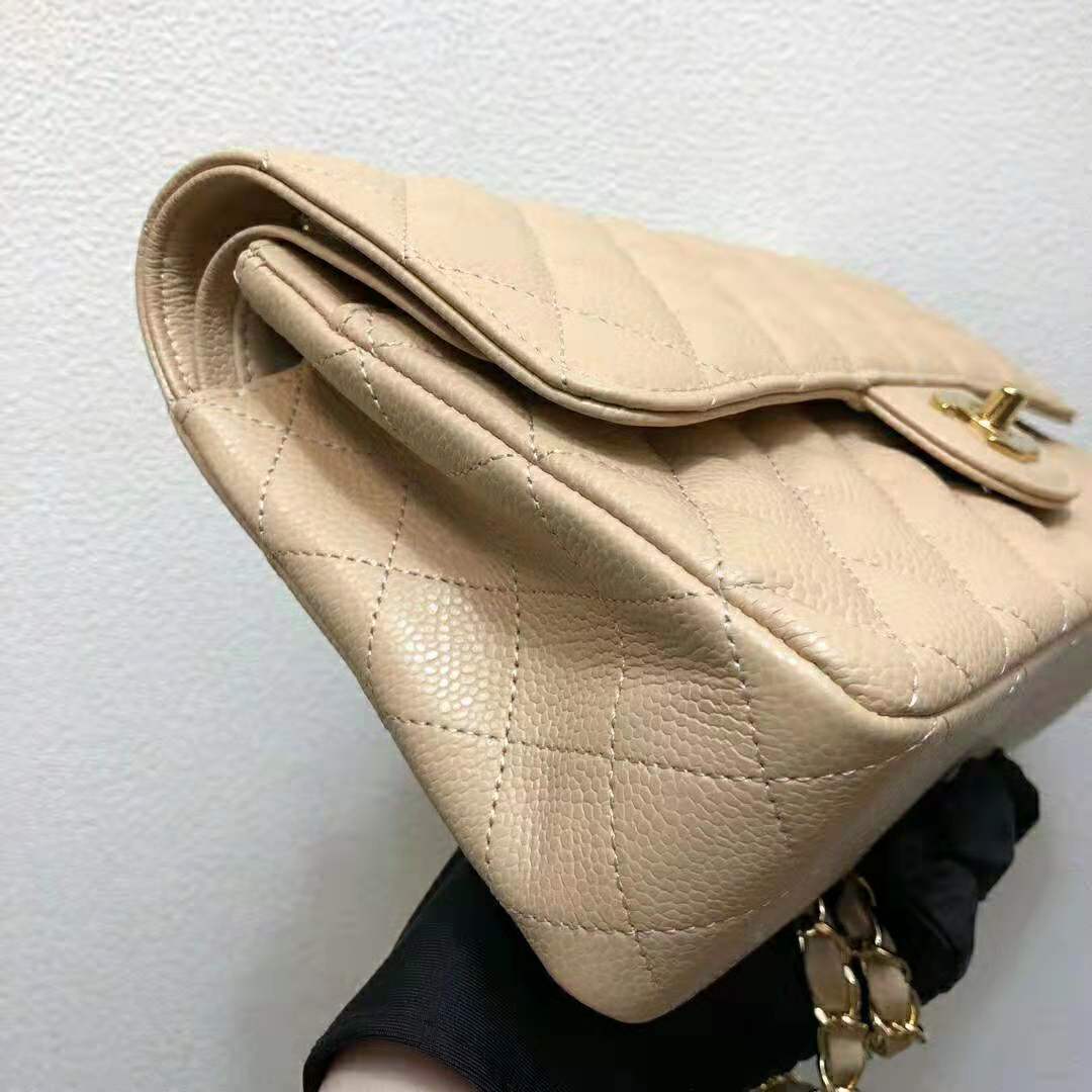 Chanel Women Large Classic Handbag in Grained Calfskin Leather-Sandy