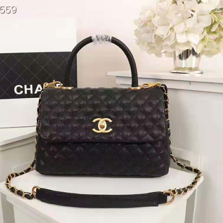 Chanel Women Large Flap Bag with Top Handle in Grained Calfskin Leather-Black