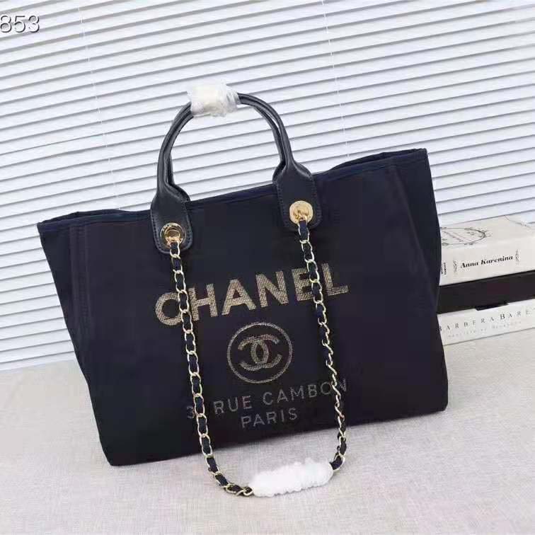 Chanel Women Large Shopping Bag in Mixed Fibers and Lurex Canvas-Navy