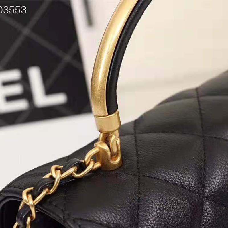 Chanel Women Organ Bag with Top Handle in Embossed Calfskin Leather-Black