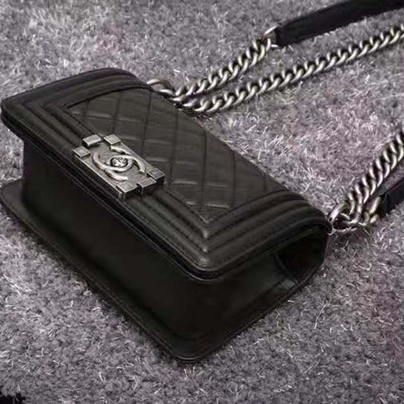 Chanel Women Small Boy Chanel Handbag in Calfskin Leather-Black