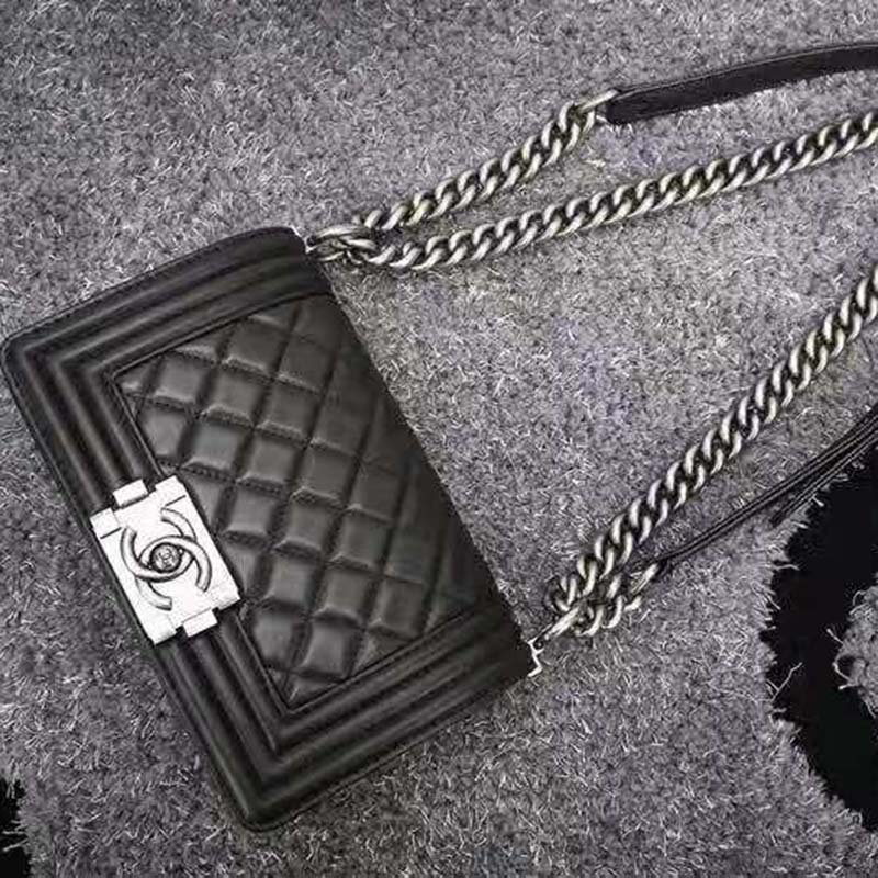 Chanel Women Small Boy Chanel Handbag in Calfskin Leather-Black