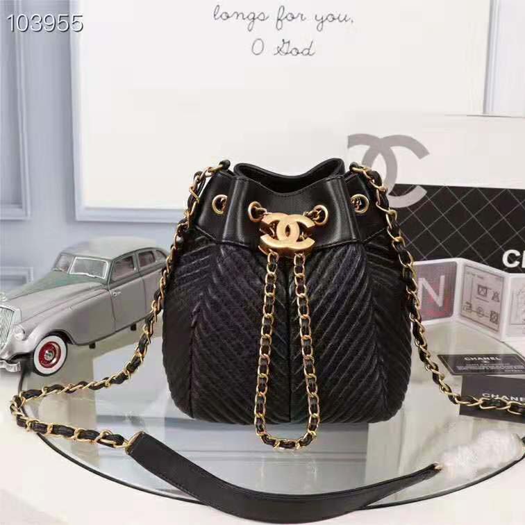 Chanel Women Drawstring Bag in Lambskin Leather-Black