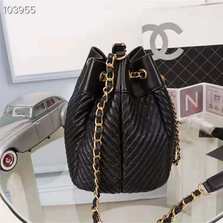 Chanel Women Drawstring Bag in Lambskin Leather-Black