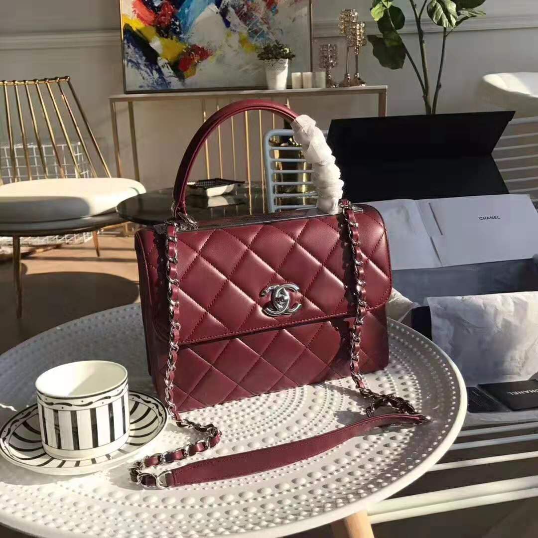 Chanel Women Small Flap Bag with Top Handle in Lambskin Leather-Maroon