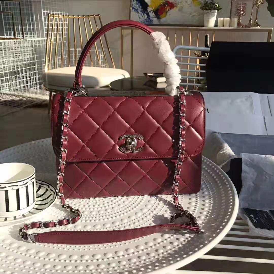 Chanel Women Small Flap Bag with Top Handle in Lambskin Leather-Maroon