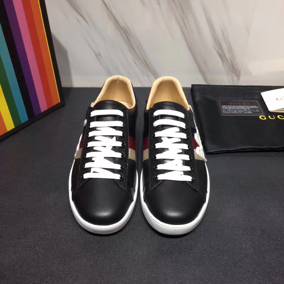 G*u*i men ace embroidered sneaker shoes in leather with sylvie web-black