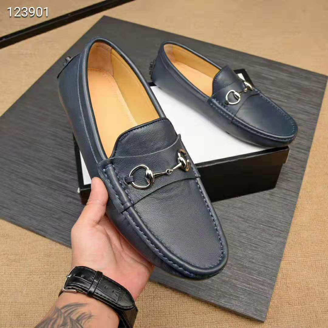 G*u*i men leather driver with horsebit-navy