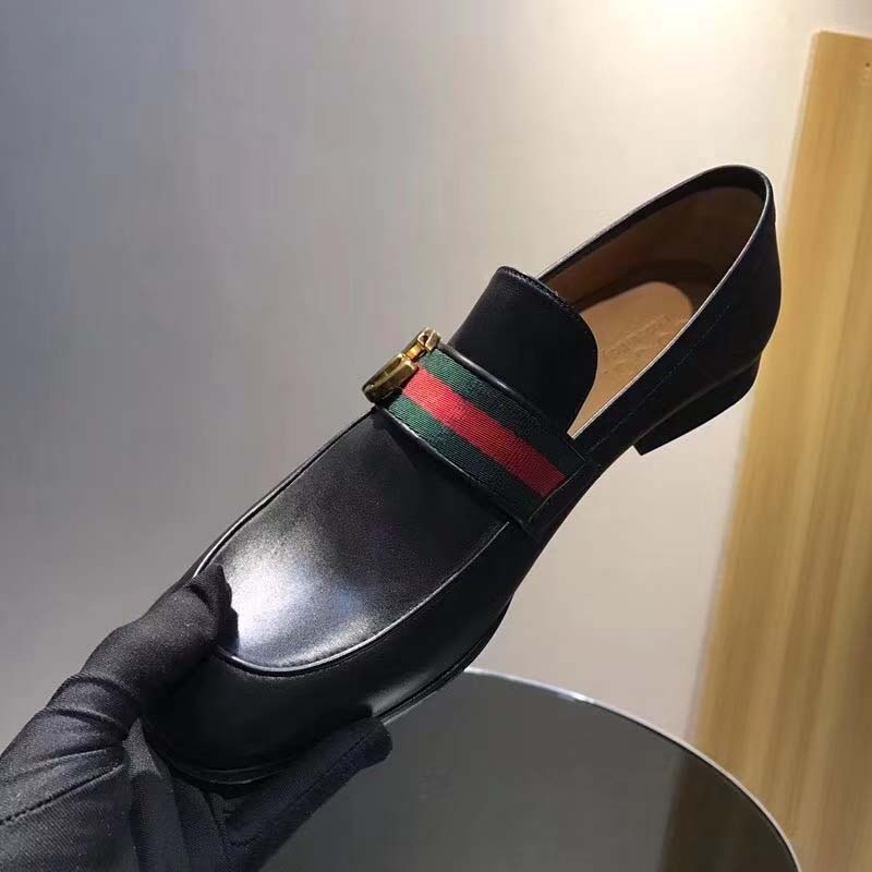 G*u*i men leather loafer with gg web shoes-black