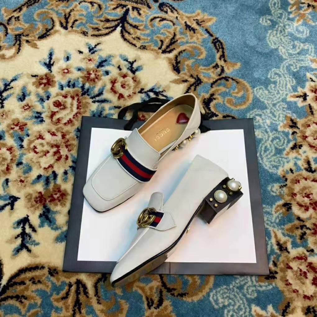 G*u*i women leather mid-heel loafer 1.5″ heel-white