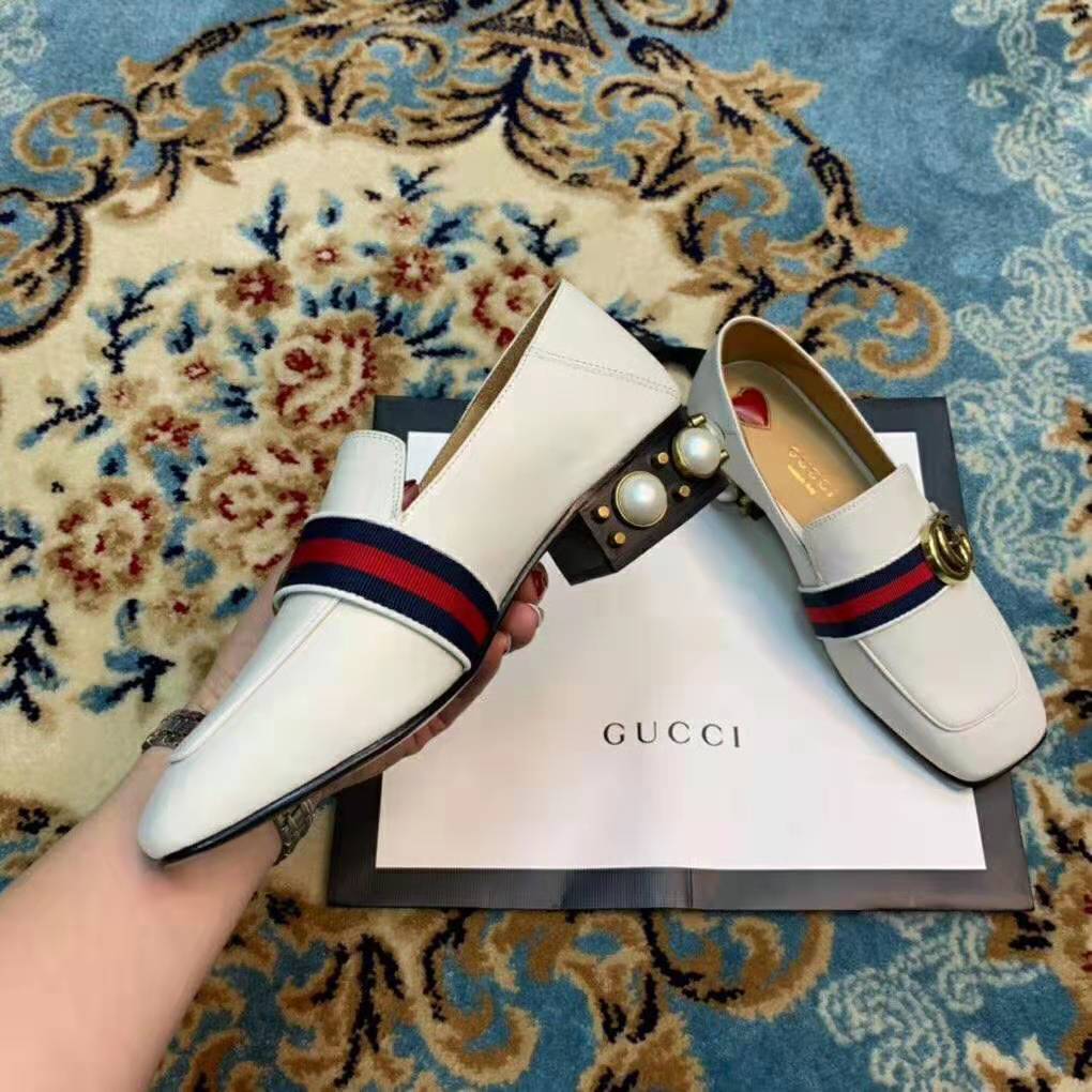G*u*i women leather mid-heel loafer 1.5″ heel-white