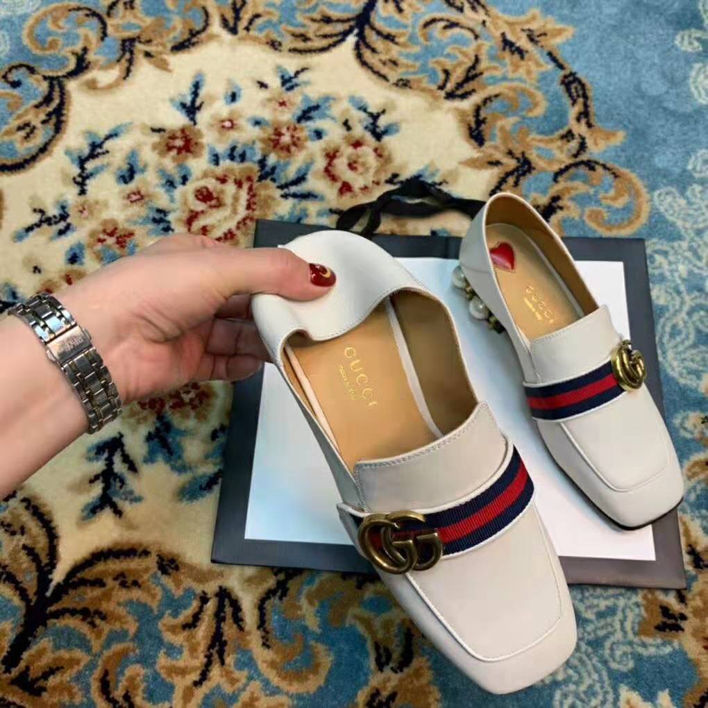 G*u*i women leather mid-heel loafer 1.5″ heel-white
