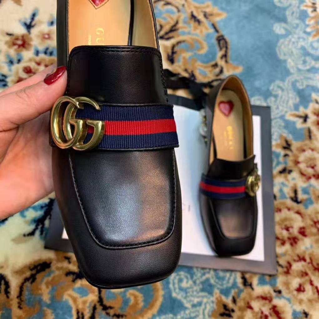 G*u*i women leather mid-heel loafer 3″ heel-black