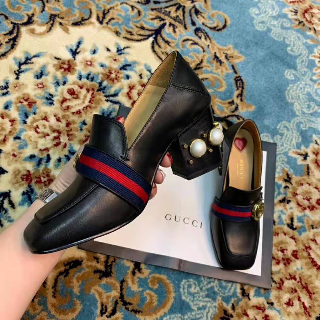 G*u*i women leather mid-heel loafer 3″ heel-black