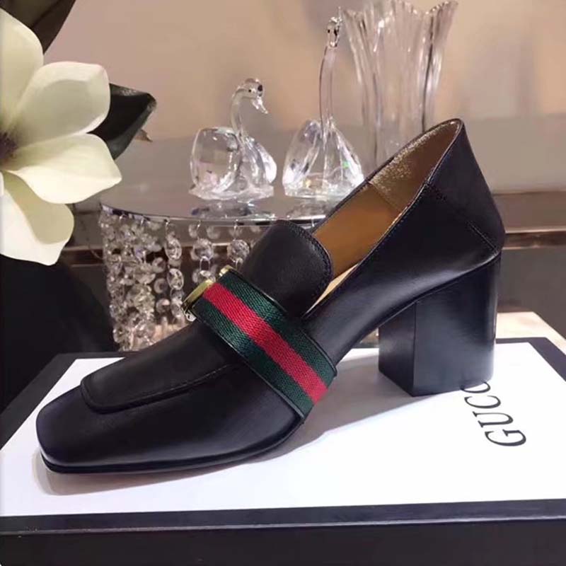 G*u*i women leather mid-heel loafer shoes-black