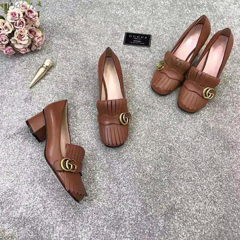 G*u*i women leather mid-heel pump with fringe 5.1cm heel-brown