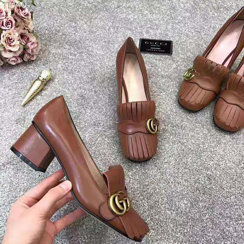 G*u*i women leather mid-heel pump with fringe 5.1cm heel-brown