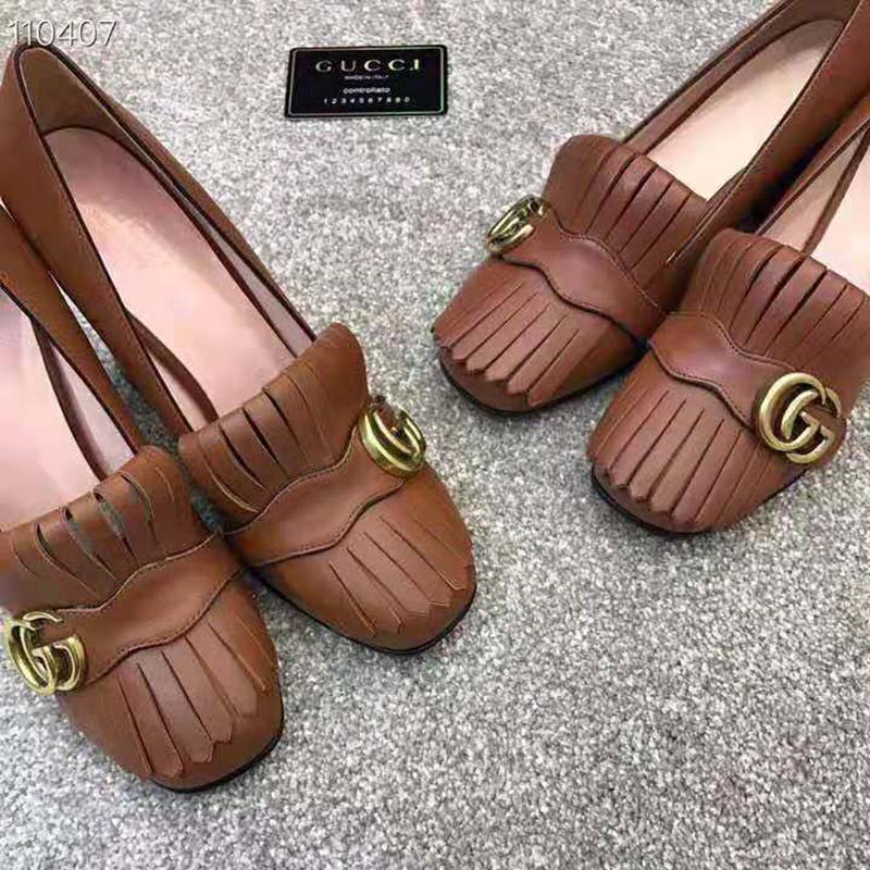 G*u*i women leather mid-heel pump with fringe 5.1cm heel-brown