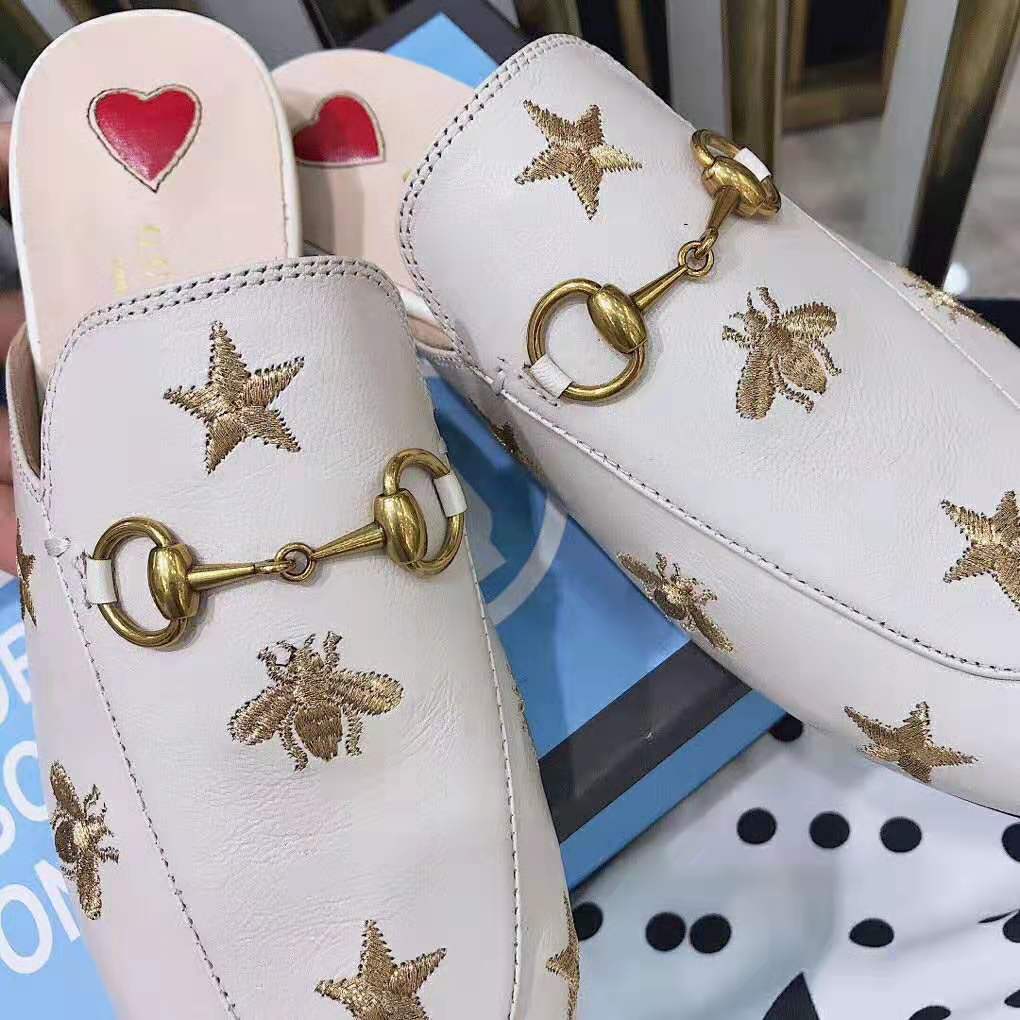 G*u*i women princetown embroidered leather slipper 1.27cm heel-white