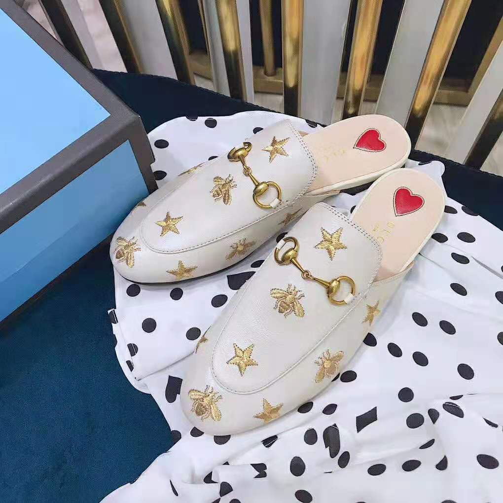 G*u*i women princetown embroidered leather slipper 1.27cm heel-white