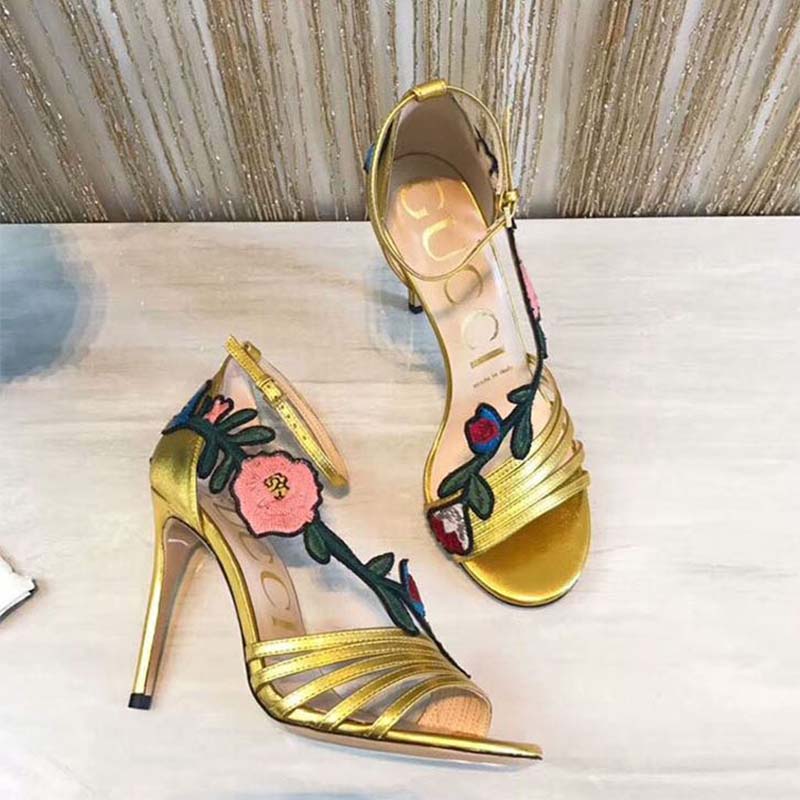 G*u*i women shoes embroidered leather mid-heel sandal 100mm heel-yellow