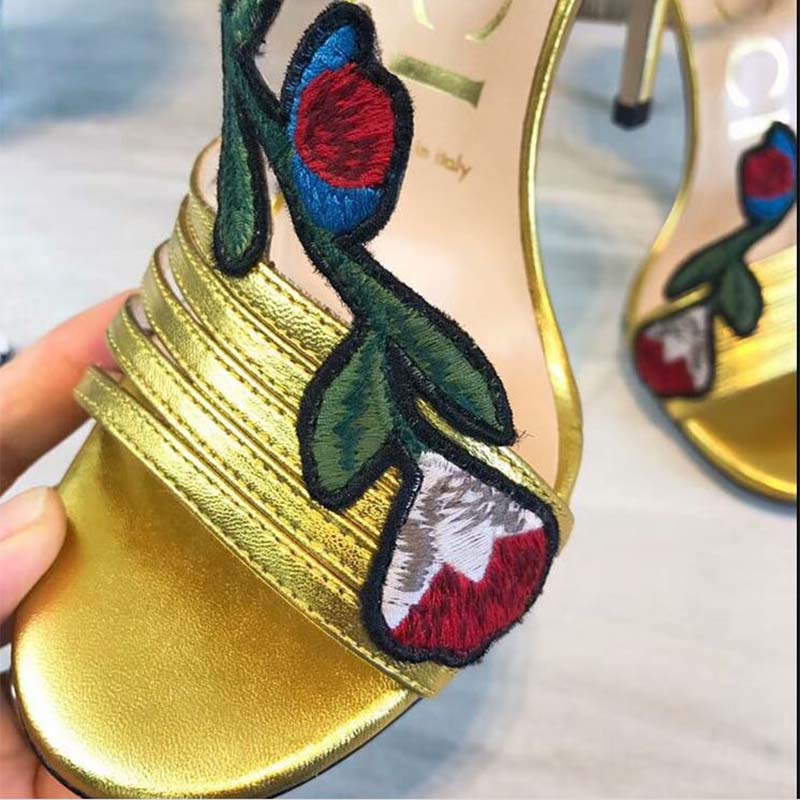 G*u*i women shoes embroidered leather mid-heel sandal 100mm heel-yellow