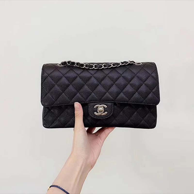 chanel women cf flap bag in Di*m*nd pattern calfskin leather-black