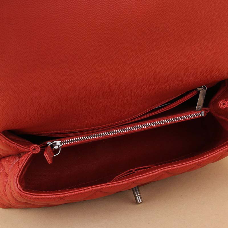 Chanel Women Flap Bag with Top Handle in Grained Calfskin Leather-Red