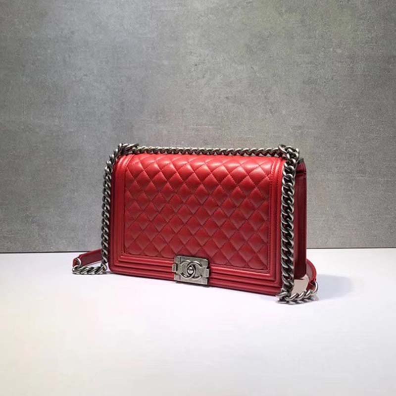 Chanel Women Large Leboy Flap Bag with Chain in Calfskin Leather-Red