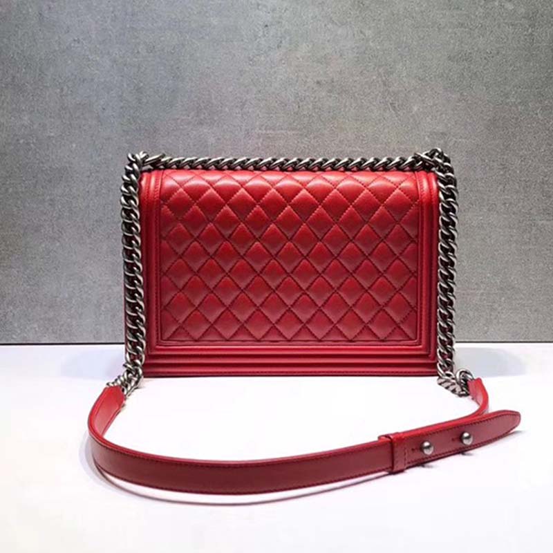 Chanel Women Large Leboy Flap Bag with Chain in Calfskin Leather-Red
