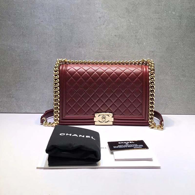 Chanel Women Large Leboy Flap Bag with Chain in Goatskin Leather-Maroon