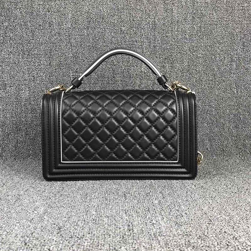 chanel women leboy flap bag in Di*m*nd pattern calfskin leather with top handle-black