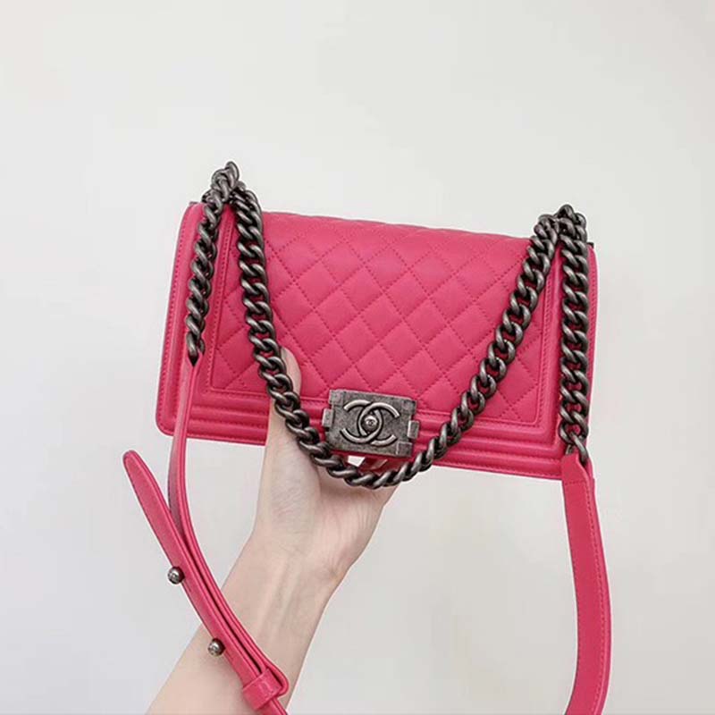 Chanel Women Leboy Flap Bag with Chain in Calfskin Leather-Rose