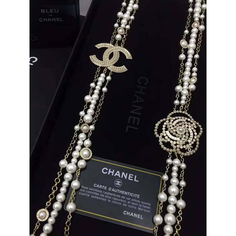 Chanel Women Long Necklace in Metal Glass Pearls & Diamantés-White