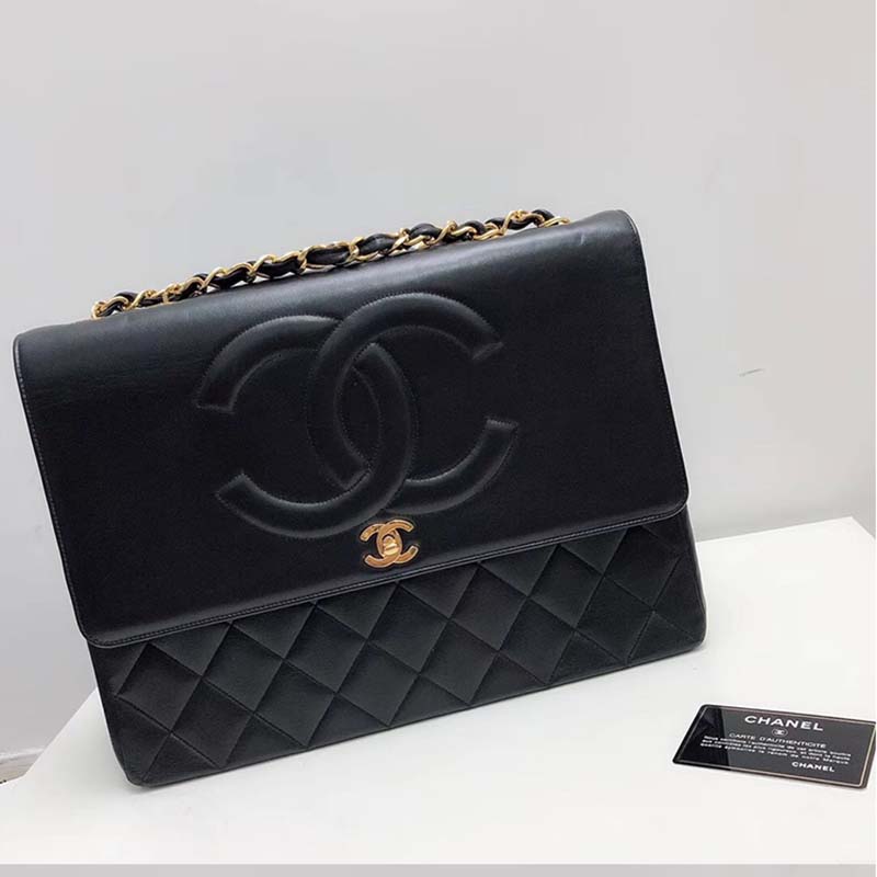 Chanel Women Vintage Maxi Flap Bag in Goatskin Leather-Black
