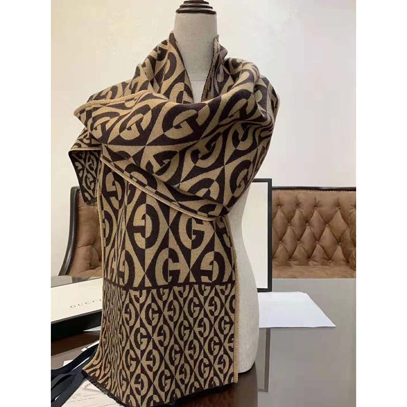 G*u*i unisex g rhombus jacquard scarf in wool and cotton-brown