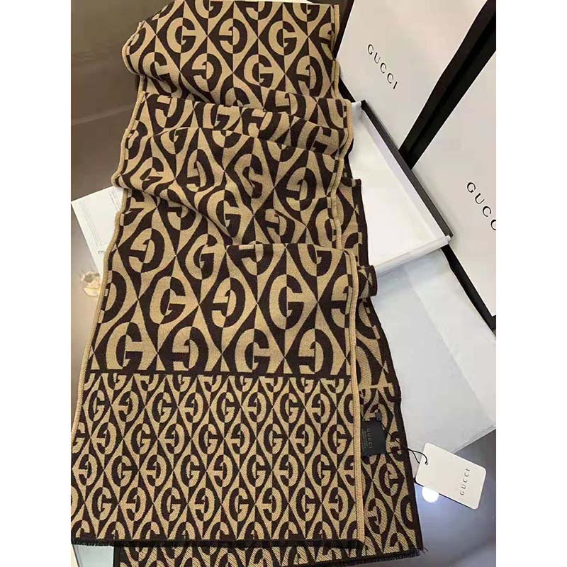 G*u*i unisex g rhombus jacquard scarf in wool and cotton-brown