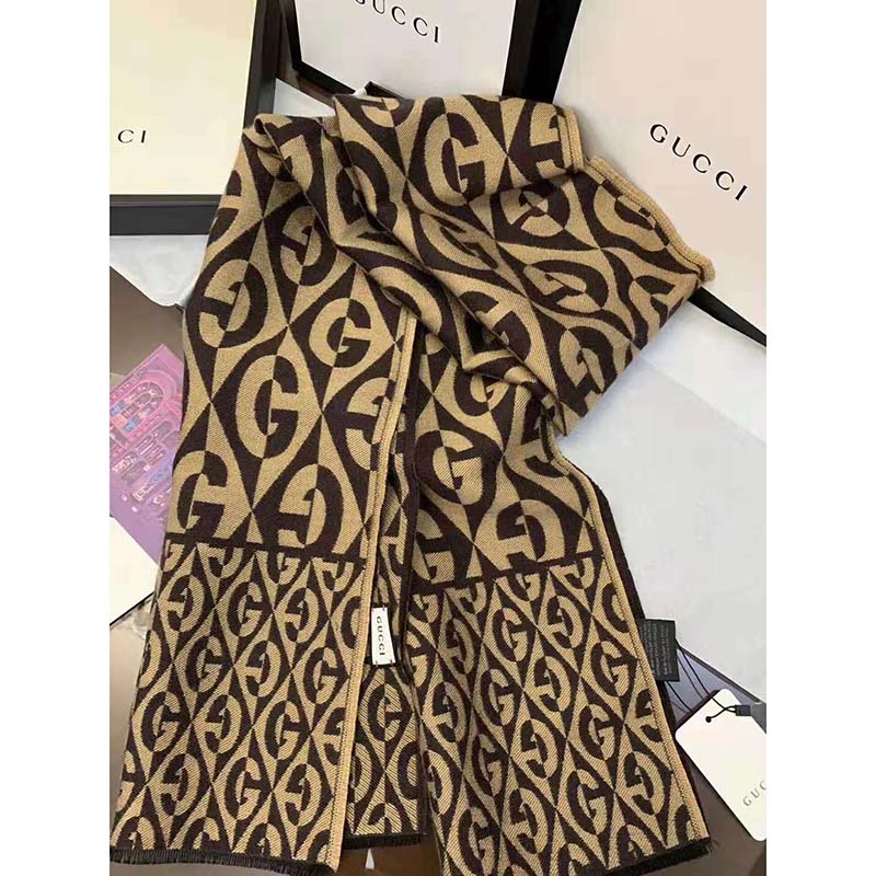 G*u*i unisex g rhombus jacquard scarf in wool and cotton-brown