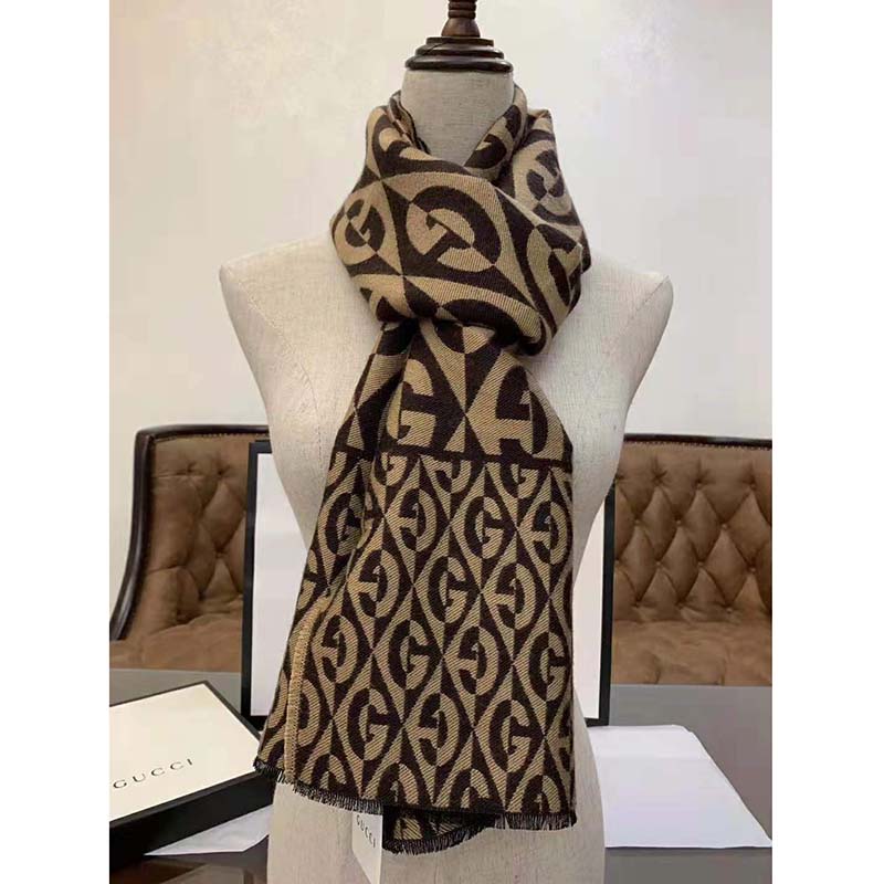 G*u*i unisex g rhombus jacquard scarf in wool and cotton-brown