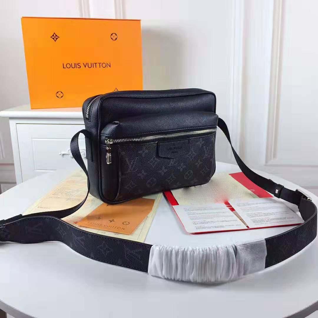 Louis Vuitton LV Men Outdoor Messenger Bag in Taïga Leather with Monogram Canvas-Black