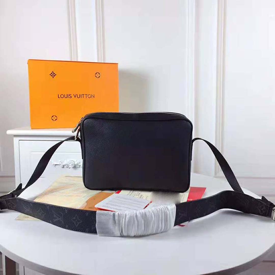Louis Vuitton LV Men Outdoor Messenger Bag in Taïga Leather with Monogram Canvas-Black