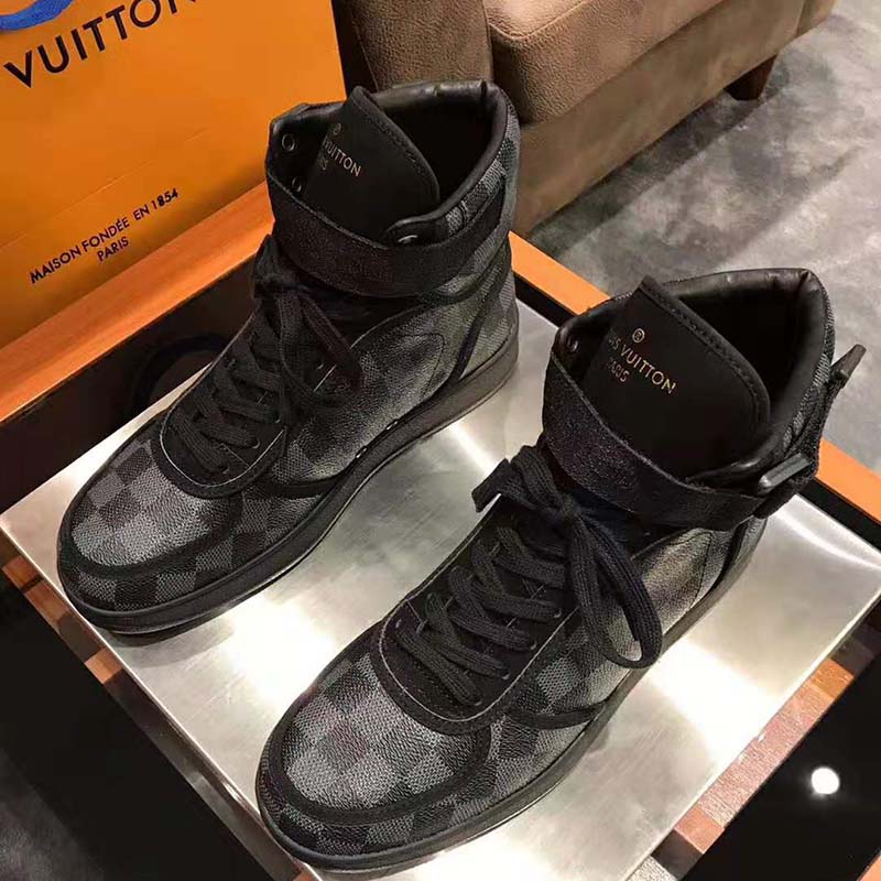 Louis Vuitton LV Men Rivoli Sneaker Boot Shoes in Iconic Damier Graphite Canvas-Grey